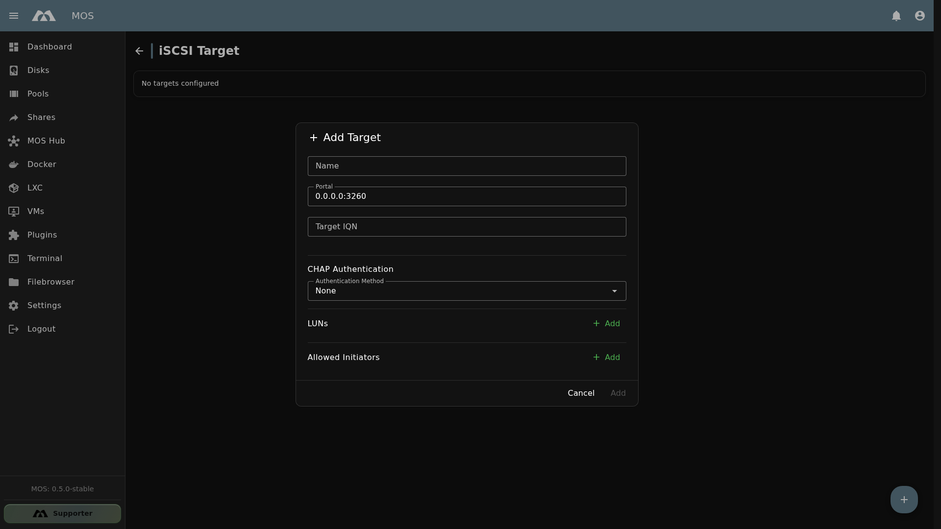 Create iSCSI Target Dialog