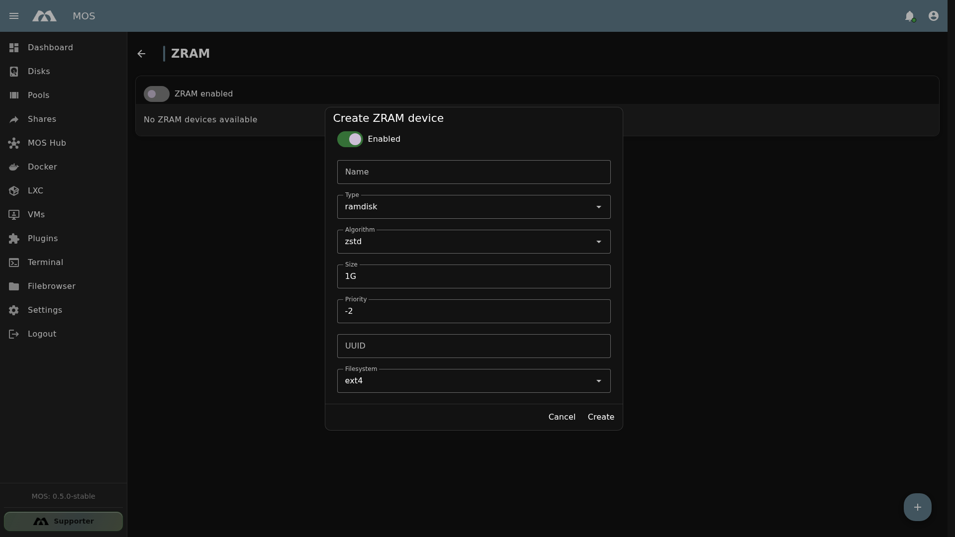Create ZRAM Device Dialog